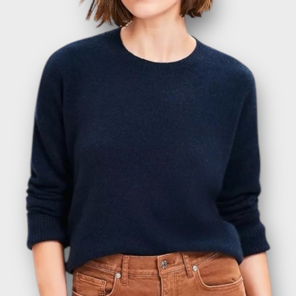 Loft Relaxed Cashmere Sweater XS Navy Blue Crew Neck Boxy Lightweight Luxe Soft